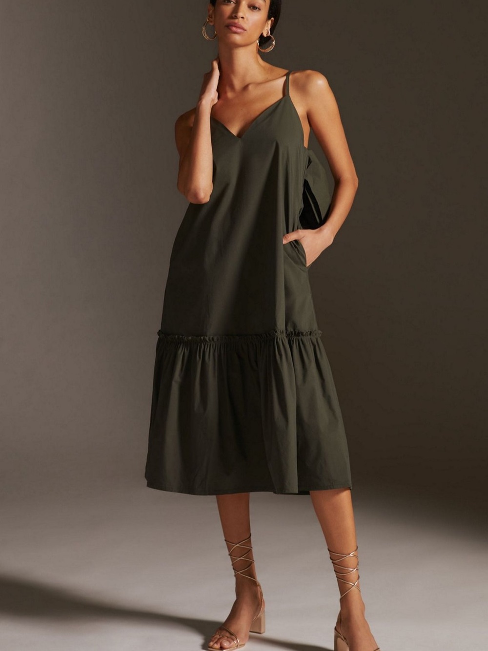 Anthropologie Blue Tassel V-Neck Bow Back Midi Dress Olive